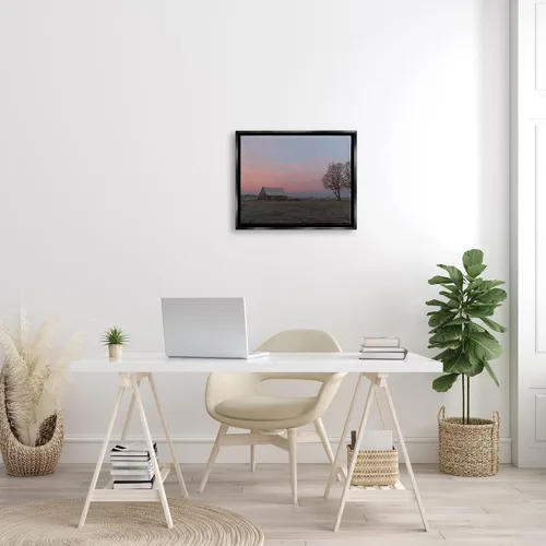 Vista 3 de Stupell Industries Cabaña de pastizales solitarios árboles rurales puesta de sol cielo flotante enmarcado arte de pared, diseño de Nancy Crowell