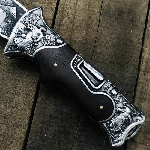 Vista 7 de MADSABRE Cuchillo de cabaña semi plegable grande de 12.7 pulgadas con hoja de 7.9 pulgadas de largo, mango de madera con patrón de relieve 3D