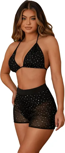 Vista 4 de Verdusa Conjunto de 2 piezas para mujer con top halter y pantalones cortos de malla con purpurina