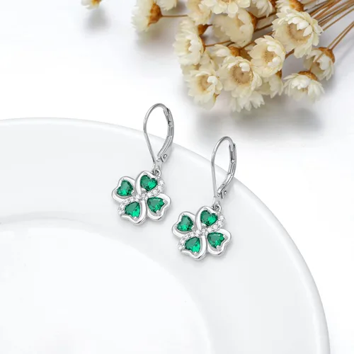 Vista 4 de NIFUNAO Aretes de trébol para mujer, plata de ley 925, aretes de trébol con cierre de palanca, aretes del día de San Patricio, joyería irlandesa