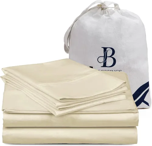 Vista 3 de Sábanas de algodón de alta calidad hotelera de 600 hilos, 100% tejido satinado, sábanas lisas con sábana elástica de bolsillo profundo con funda