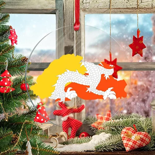 Vista 5 de Silueta de la bandera de Bután, adornos para árbol de Navidad, bandera nacional, recuerdo, decoraciones de Navidad, adornos acrílicos de Bután