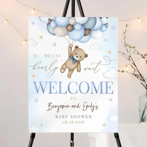 Vista 26 de Señal de Bienvenida Personalizada para Baby Shower de Niño, Señal de Baby Shower Niño, Decoraciones de Baby Shower Azul Boho de Oso Sol, Aquí Viene