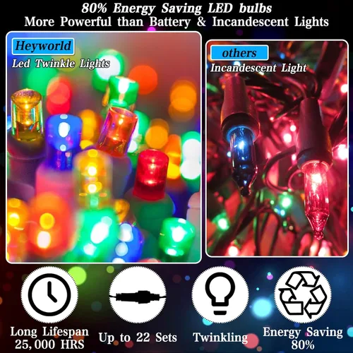 Vista 5 de Heyworld - 100 luces LED de parpadeo lento para Navidad, 5mm de ángulo amplio y brillo suave, certificadas por UL, 8.2 metros de tira de luces