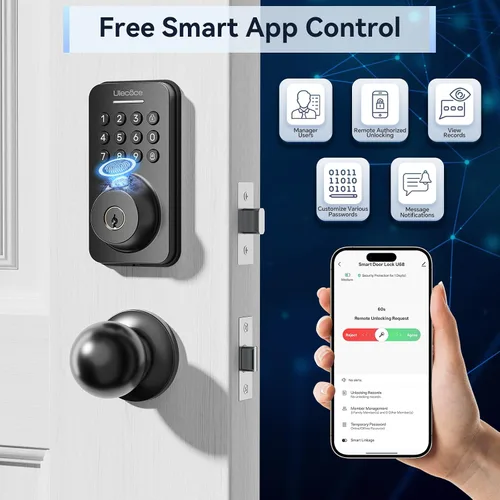 Vista 3 de Cerrojo de puerta de entrada sin llave Ulecoce con mango - WiFi incorporado, huella digital, control de aplicación y timbre, teclado electrónico