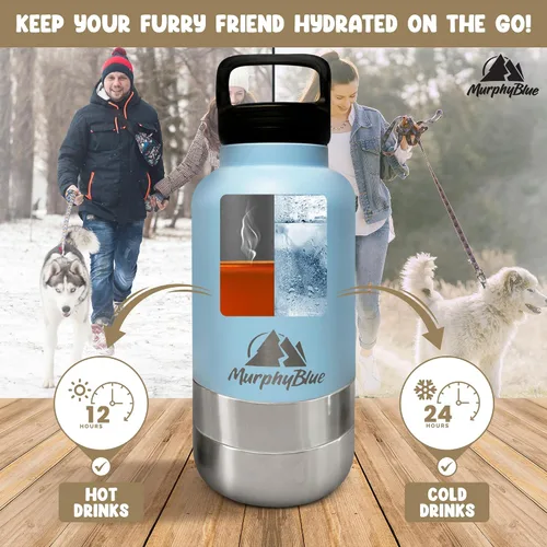 Vista 12 de MurphyBlue Botella de agua para perros 32 onzas de acero inoxidable aislado de capacidad, tapa con mosquetón integrado, cuencos desmontables