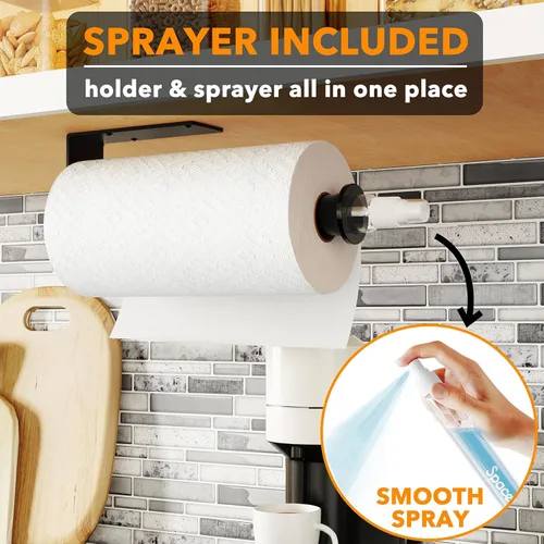 Vista 2 de SpaceAid SprayNeat - Soporte para toallas de papel con botella de spray, soporte para toallas de papel debajo del gabinete con rociador en el centro