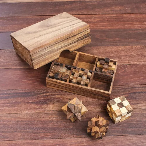 Vista 2 de NOVICA Juego de rompecabezas de madera Raintree hecho a mano marrón, 'Puzzles' (juego de seis)