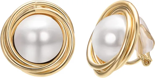 Vista 14 de Yoursfs Aretes de clip de perlas blancas grandes para mujer, chapados en oro de 18 quilates, hipoalergénicos, sin perforaciones, joyería brillante