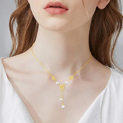 Vista 2 de SISGEM Collar de girasol de oro macizo de 14 quilates para mujer collar de oro con forma de Y collar de Lariat cumpleaños aniversario día
