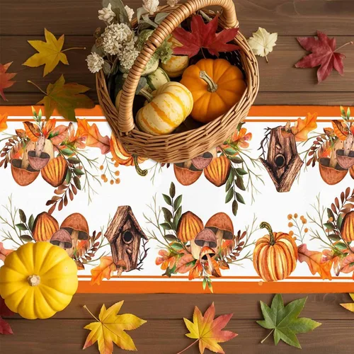 Vista 9 de T&H XHome Camino de mesa de lino de 36 pulgadas de largo para Acción de Gracias, otoño, calabaza, naranja, acuarela, para fiesta, comedor, aparador