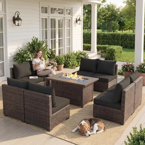 Vista 12 de Juego de muebles de patio al aire libre, 7 piezas, sofá seccional de mimbre con cojines y mesa de té, sofá de conversación de ratán para patio Beige