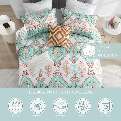 Vista 4 de Uniclinens Funda de edredón bohemia tamaño King, funda de edredón con patrón de joya verde y naranja, juego de 100 % algodón tamaño King, 3 piezas