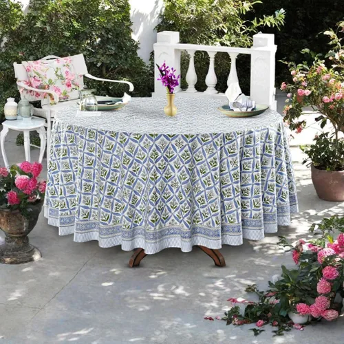 Vista 113 de Ridhi Mantel redondo estampado a mano color rosa flamenco 110 pulgadas 100%