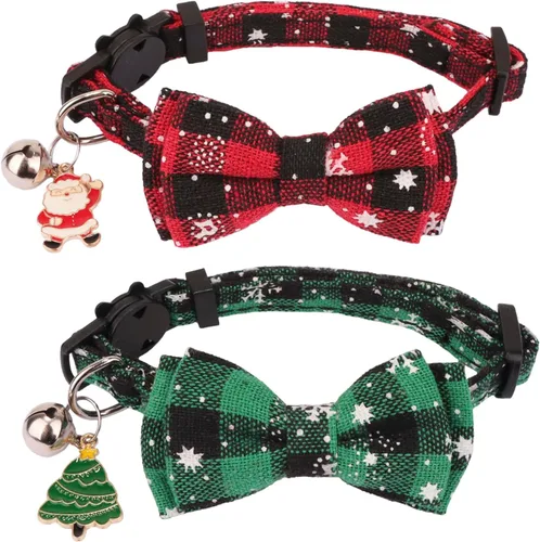 Vista 16 de PTDECOR Paquete de 2 Collares Navideños para Gatos, Collar de Gato Navideño con Corbatín y Campanilla Desmontables, Collares Navideños de Liberación
