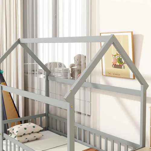 Vista 7 de Harper & Bright Designs Marco de cama de piso de casa de tamaño individual con barandillas de techo y valla, cama Montessori de madera maciza, fácil