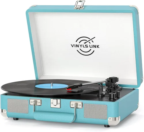 Vista 13 de VINYLSLINK Reproductor de discos de vinilo con Bluetooth, tocadiscos portátil de 3 velocidades con control de agudos y graves, altavoces estéreo