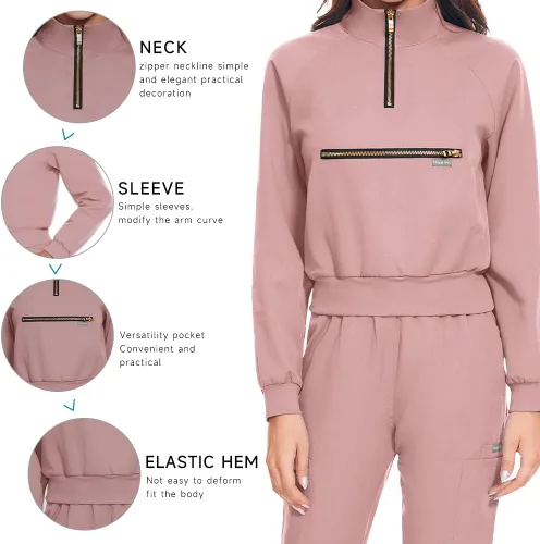Vista 4 de niaahinn Conjunto de ropa quirúrgica con manga larga para mujer, camiseta de uniforme médico y pantalones quirúrgicos, uniformes de trabajo médico