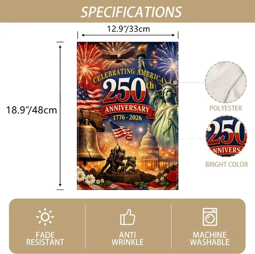 Vista 2 de Bandera de jardín de Estados Unidos del 250 aniversario 1776-2026, decoración de 250 años de cumpleaños, decoración y suministros para fiestas