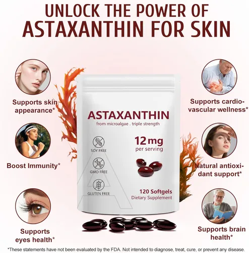 Vista 2 de Suplementos de Astaxantina 12 mg 120 cápsulas blandas, suplementos antioxidantes de astaxantina premium, vitaminas para la piel de triple fuerza