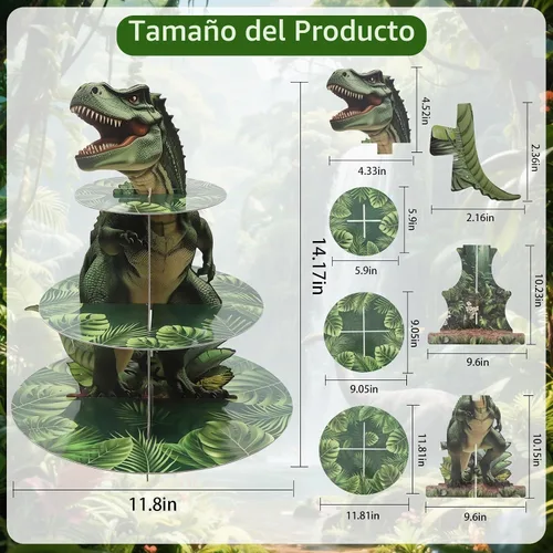Vista 2 de BEISHIDA Soporte para cupcakes de dinosaurio de 3 niveles, decoración de fiesta, temática de dinosaurio, soporte para cupcakes, 12 piezas