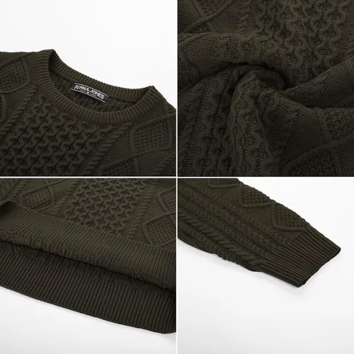 Vista 7 de PJ PAUL JONES Men's Military Pullover Sweater Crewneck Vintage Cable Knit Sweater with Suede Patchwork
