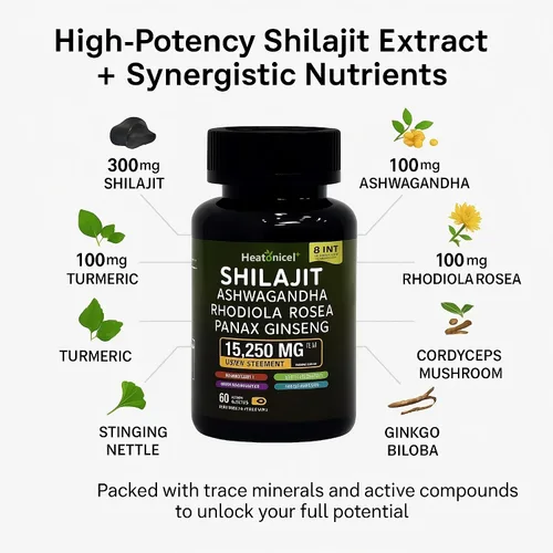 Vista 3 de Shilajit Cápsulas para hombres 8 en 1 Suplemento de hierbas potenciador de energía para adultos fórmula natural con Ashwagandha, Rhodiola Rosea