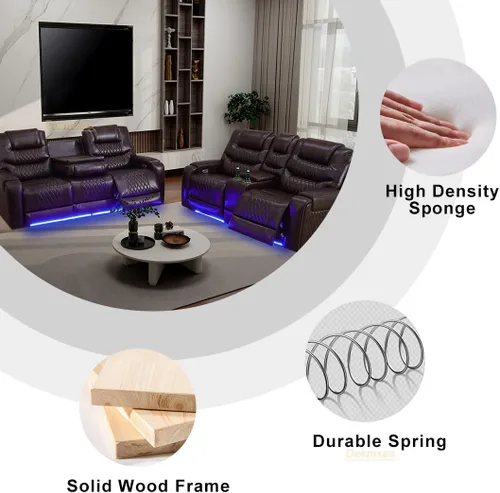 Vista 130 de Juego de sofá reclinable eléctrico, seccional de cuero transpirable beige, juego de muebles de sala de estar, 2 piezas, sofá reclinable eléctrico