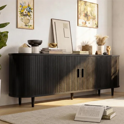 Vista 13 de Soporte de TV moderno de mediados de siglo de 58 pulgadas, consolas de TV de madera con puertas correderas y toma de corriente, centro