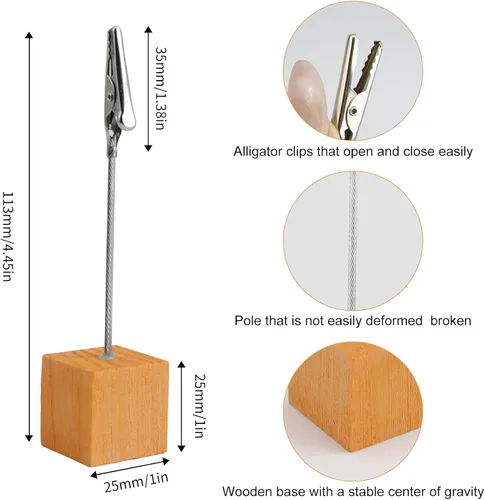 Vista 2 de JINGIHE 20 soportes para números de mesa con base de cubo, soporte de clips de notas de madera con clip de cocodrilo, colorido soporte para notas
