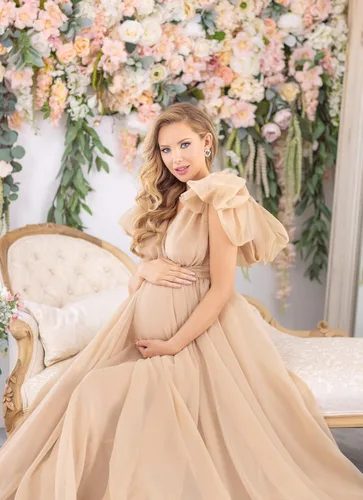 Vista 5 de Zxruijing Vestido de maternidad de gasa para fotografía, cuello en V, vestidos de sesión de fotos de maternidad para baby shower, vestido de embarazo