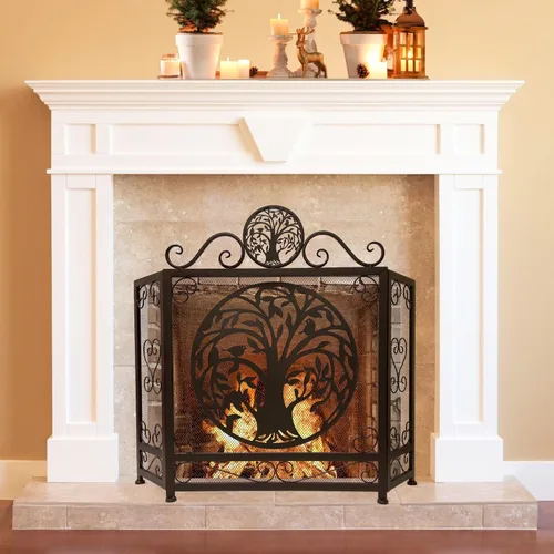 Vista 4 de BestGiftEver Pantalla decorativa para chimenea de 3 paneles con acento de árbol de la vida, estilo rústico marrón, cubierta de chimenea de malla