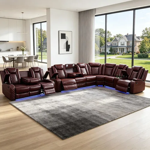 Vista 13 de Juego de sofá modular reclinable eléctrico con luz LED, juego de sofá modular reclinable de cuero, incluye sillón reclinable individual, juego