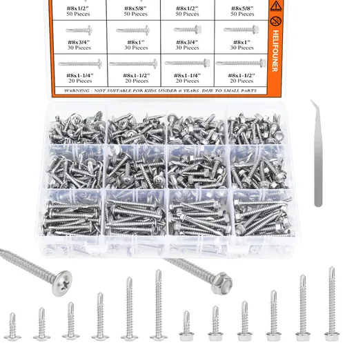 Vista 8 de HELIFOUNER Juego de 240 tornillos autoperforantes de cabeza avellanada #8 x1/2", 5/8", 3/4", 1", 1-1/4", 1-1/2" de cabeza avellanada, tornillos