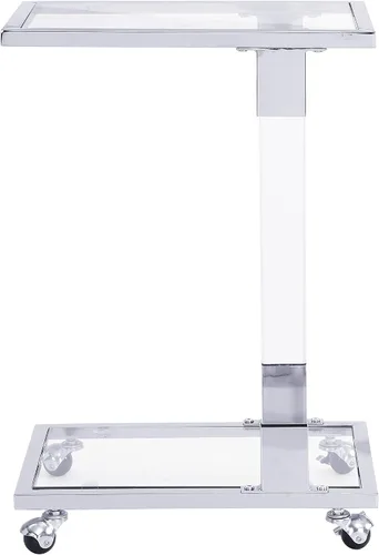 Vista 3 de Mesa auxiliar móvil de vidrio transparente con marco acrílico, moderna mesa auxiliar de sofá en forma de C con ruedas, mesa de aperitivos