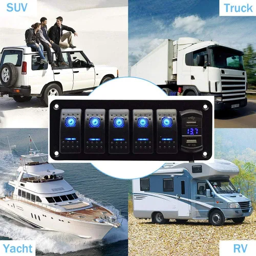 Vista 3 de Panel de 5 interruptores basculantes de aluminio EAYBOMC con cargador rápido de 4.8 amperios estilo basculante USB dual con voltímetro LED