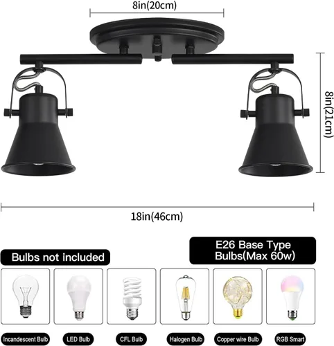 Vista 5 de Iluminación de pista de 2 luces para techo, lámpara de techo direccional industrial de luz puntual, lámpara de techo de montaje empotrado en negro
