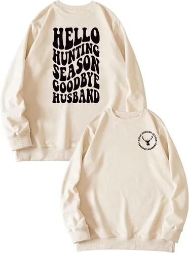 Vista 23 de DUDIHOHX Hello Hunting Season Goodbye Husband - Sudadera de manga larga con estampado de moda, casual, cuello redondo