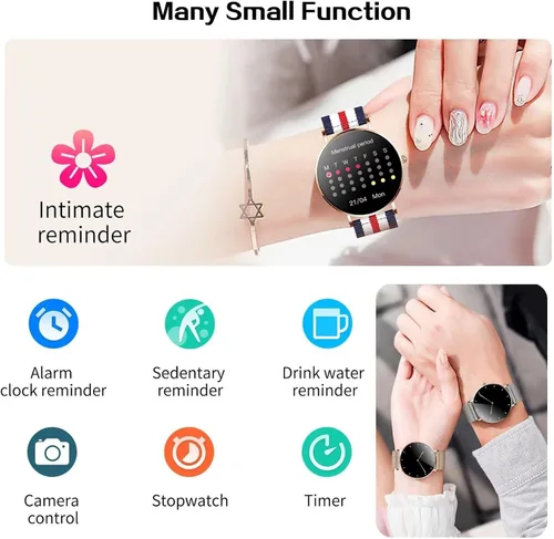 Vista 3 de Reloj inteligente de moda para mujeres y hombres, pantalla táctil Bluetooth, reloj inteligente de acero inoxidable/correa de nailon para monitoreo