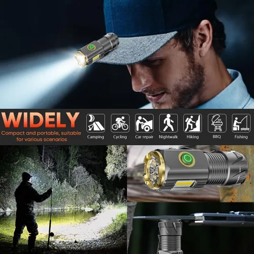 Vista 4 de Linterna LED mini recargable, 9000 lúmenes, linterna pequeña ultra brillante, con clip y imán, impermeable IPX6, 6 modos, adecuada para camping