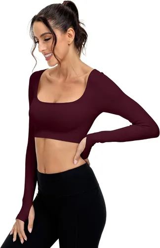 Vista 7 de Paquete de 3 camisetas cortas acanaladas sin costuras de manga larga con cuello cuadrado para mujer, para entrenamiento, gimnasio, yoga