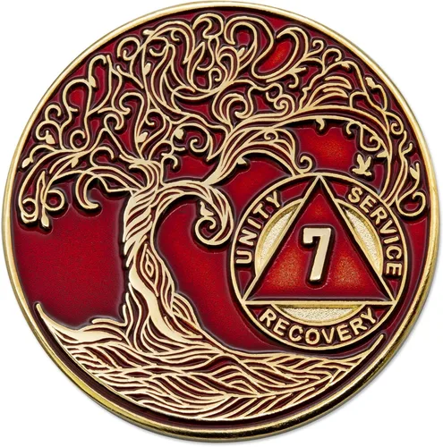 Vista 192 de 1 año Sobriety Mint Twisted Tree of Life Medallón de recuperación AA chapado en oro, chip/ficha - negro
