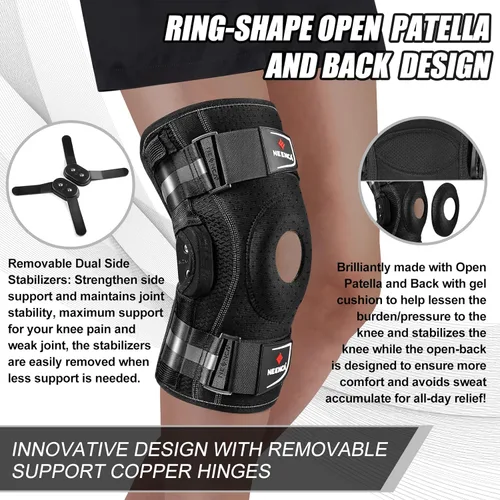 Vista 6 de NEENCA Rodillera profesional para dolor de rodilla, soporte de rodilla con bisagras con estabilizadores laterales duales removibles, fuerte