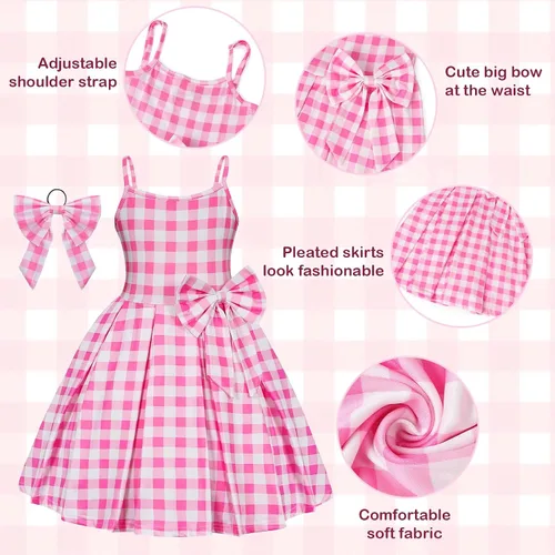 Vista 5 de Eledobby Pink Dress for Girls Princess Costume Pink Outfits Halloween Dress Up Birthday Party Sleeveless Plaid Dresses