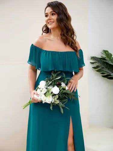 Vista 5 de Ever-Pretty Plus Women's Off Shoulder Short Sleeves Empire Waist Side Slit Chiffon Flowy Plus Size Bridesmaid Dresses
