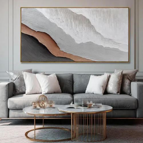 Vista 5 de Arte de pared blanco texturizado, arte abstracto gris, imágenes modernas enmarcadas grandes, pintura al óleo de paisaje ondulado, 24 x 48 pulgadas