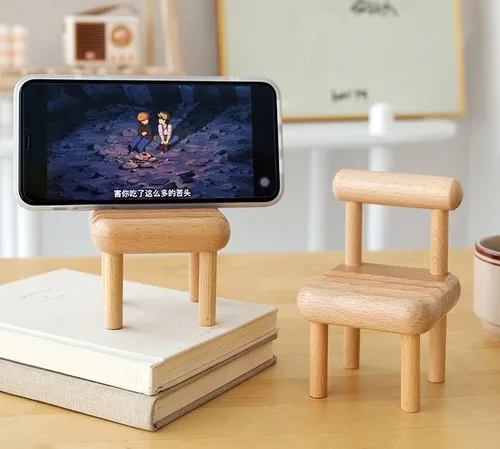 Vista 4 de Soporte de madera para teléfono celular con forma de silla pequeña, soporte universal multiángulo para teléfono móvil, base portátil para teléfono