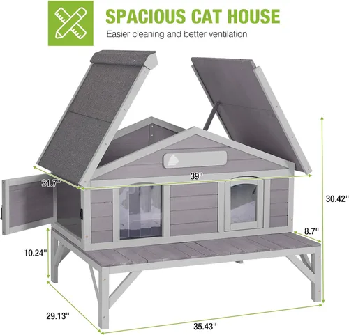 Vista 5 de GUTINNEEN Casa Grande para Gatos al Aire Libre Resistente a la Intemperie con Puertas de Escape, Madera Maciza Aislada Más Gruesa, Porche Grande