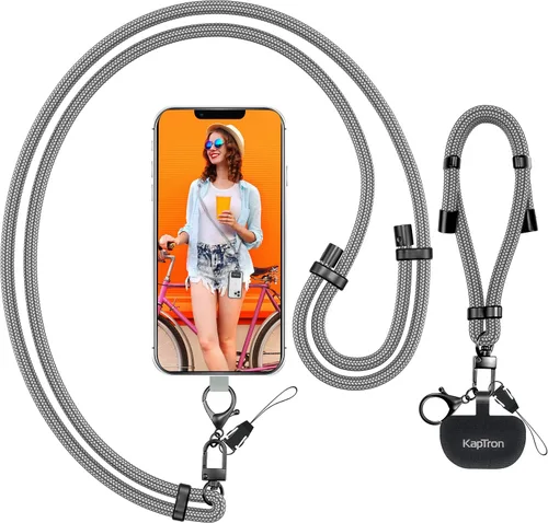 Vista 8 de Kaptron 2 cordones para teléfono celular: correa universal ajustable para teléfono y correa de muñeca, con 2 clips de langosta y 2 parches