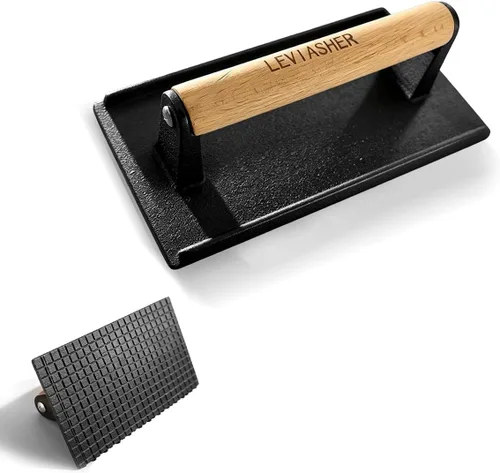 Vista 11 de Paquete de 2.1 libras de peso para carne y hamburguesa, base a rayas, prensa de hierro fundido resistente de 7 x 4 pulgadas con mango de madera